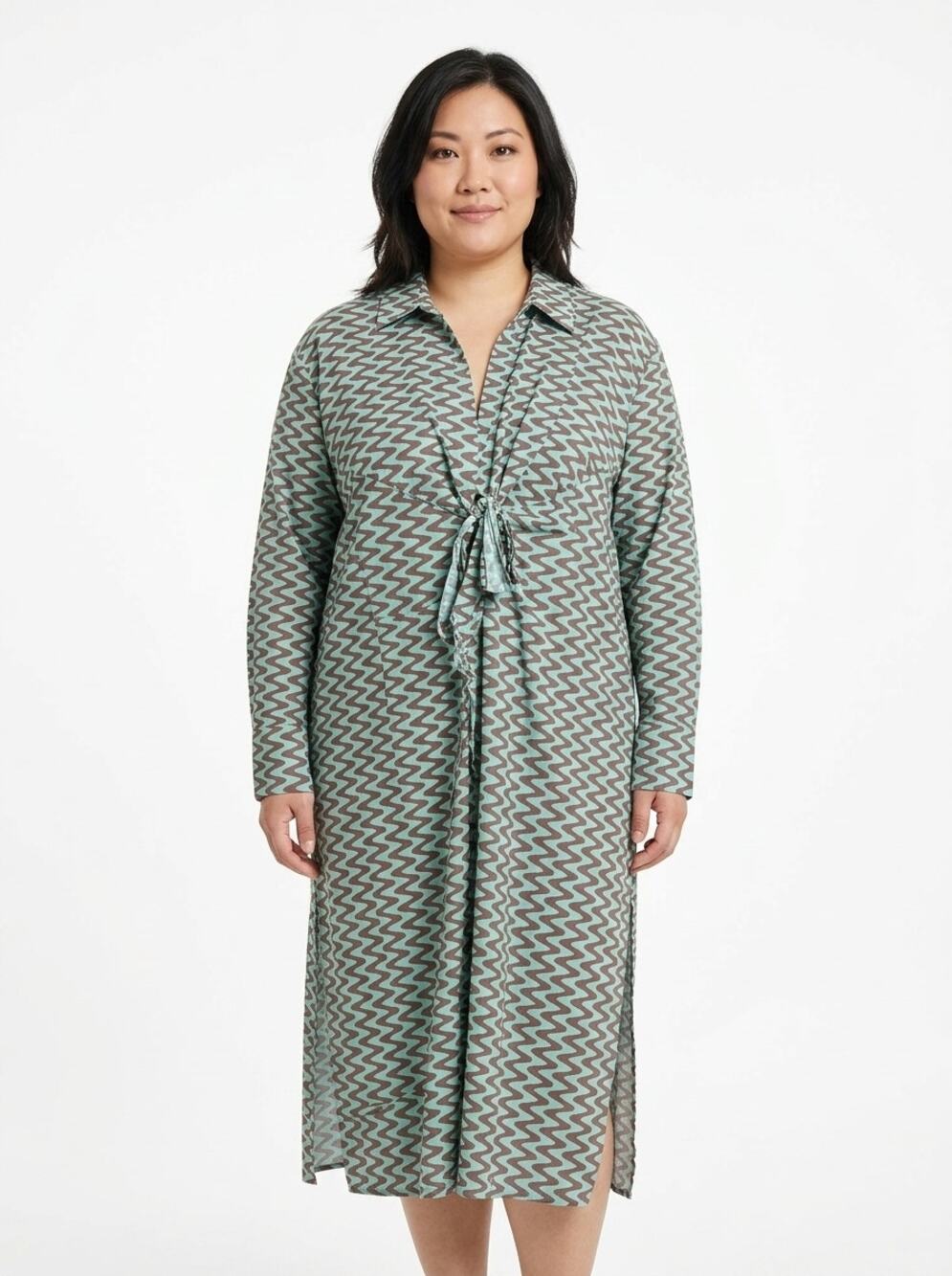 Zara Geometric Chevron Tie Front Midi Shirt Dress Women Size XL